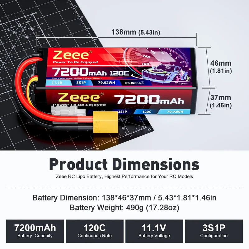 Zeee 3S Lipo-Akku 3S 7200mAh 11,1V 120C Hardcase RC-Akku mit XT90-Anschluss (2 St.)