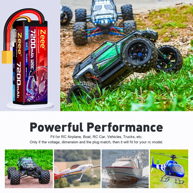 Zeee 3S Lipo-Akku 3S 7200mAh 11,1V 120C Hardcase RC-Akku mit XT90-Anschluss (2 St.)