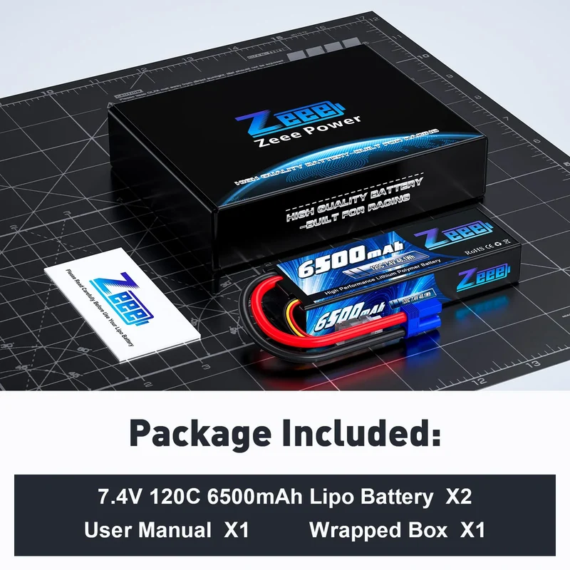 Zeee 2S Lipo-Akku 2S 6500mAh 7,4V 120C Hardcase RC-Autoakku mit EC5-Anschluss (2 St.)