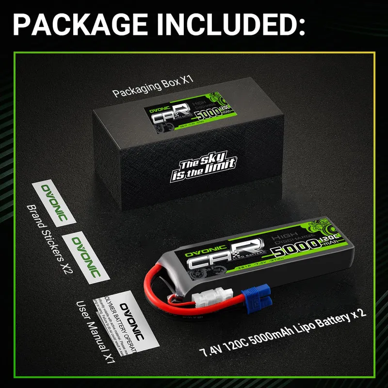 Ovonic Car 2S Lipo Akku 5000mAh 2S1P 120C 7,4V RC Auto mit EC3 Anschluss (2 Stück)