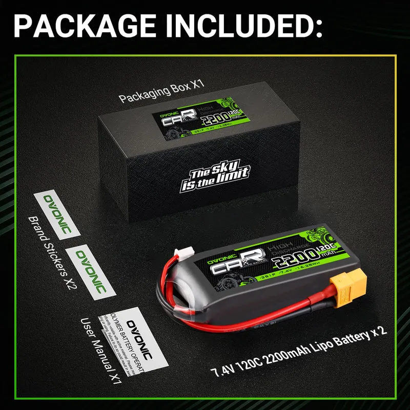 Ovonic Car 2S Lipo Akku 2200mAh 120C 7,4V RC Auto Lipo Akku mit XT60 (2 Stück)