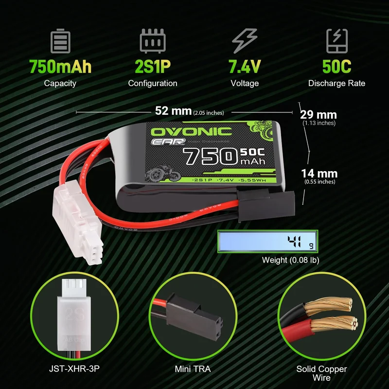 Ovonic Car 2S Lipo Akku 750mAh 2S1P 50C 7,4V RC CAR Lipo Akku mit XT60 zu TRA Anschluss (2 Stück)