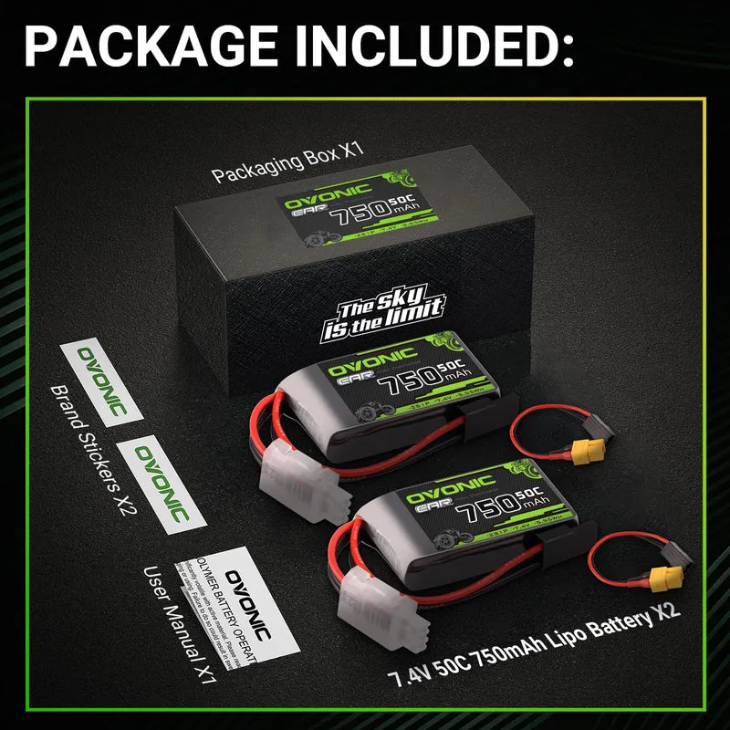 Ovonic Car 2S Lipo Akku 750mAh 2S1P 50C 7,4V RC CAR Lipo Akku mit XT60 zu TRA Anschluss (2 Stück)