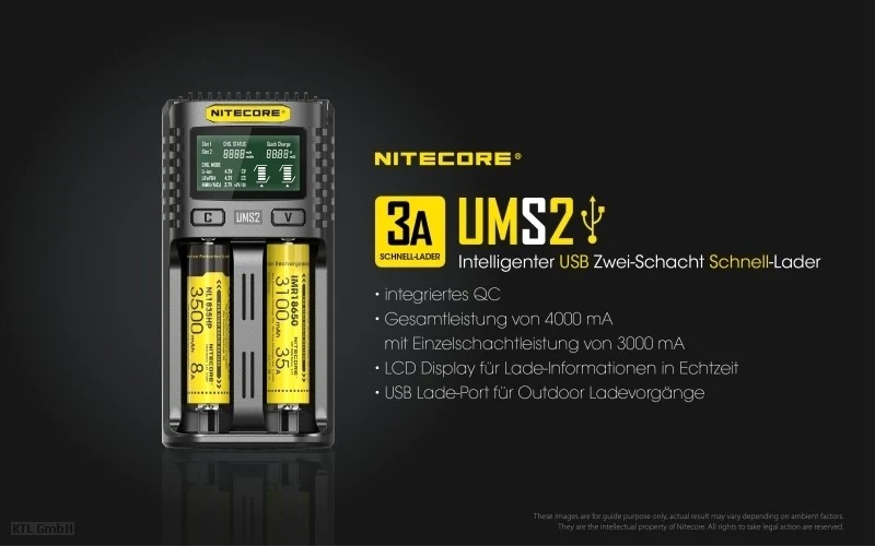 Nitecore UMS2 USB-Schnell-Ladegerät QC 2.0 kompatibel für Li-Ion Akkus
