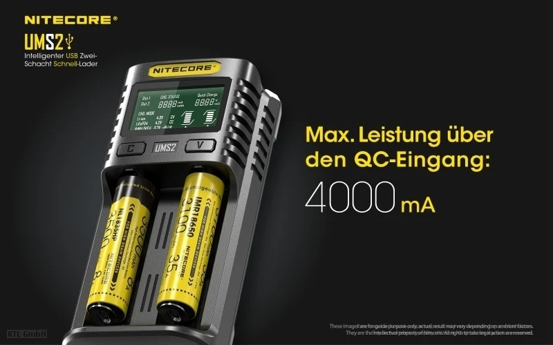 Nitecore UMS2 USB-Schnell-Ladegerät QC 2.0 kompatibel für Li-Ion Akkus