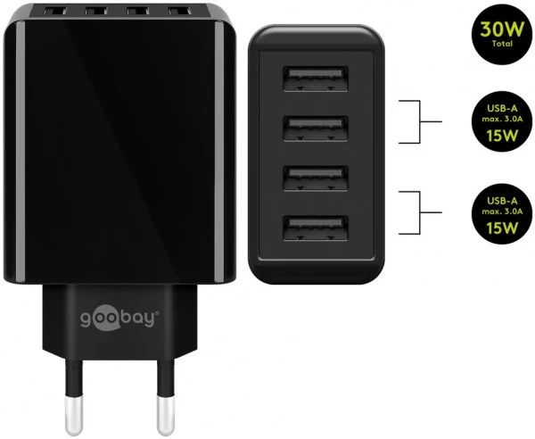 Goobay 4-fach USB-Ladegerät, mehrfach USB-Ladegerät, 30W, lädt bis zu 4 Geräte gleichzeitig, schwarz