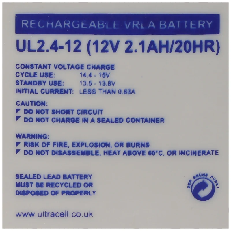 Ultracell UL2.4-12 Blei-Akku 12 Volt 2,1 Ah, Faston 187, 4,8mm