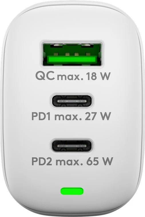 Goobay USB-C™ PD 3-fach Multiport-Schnellladegerät (65 W) weiß - 2x USB-C™-Anschlüsse (Power Delivery) und 1x USB-A-Anschluss (Quick Charge) - weiß