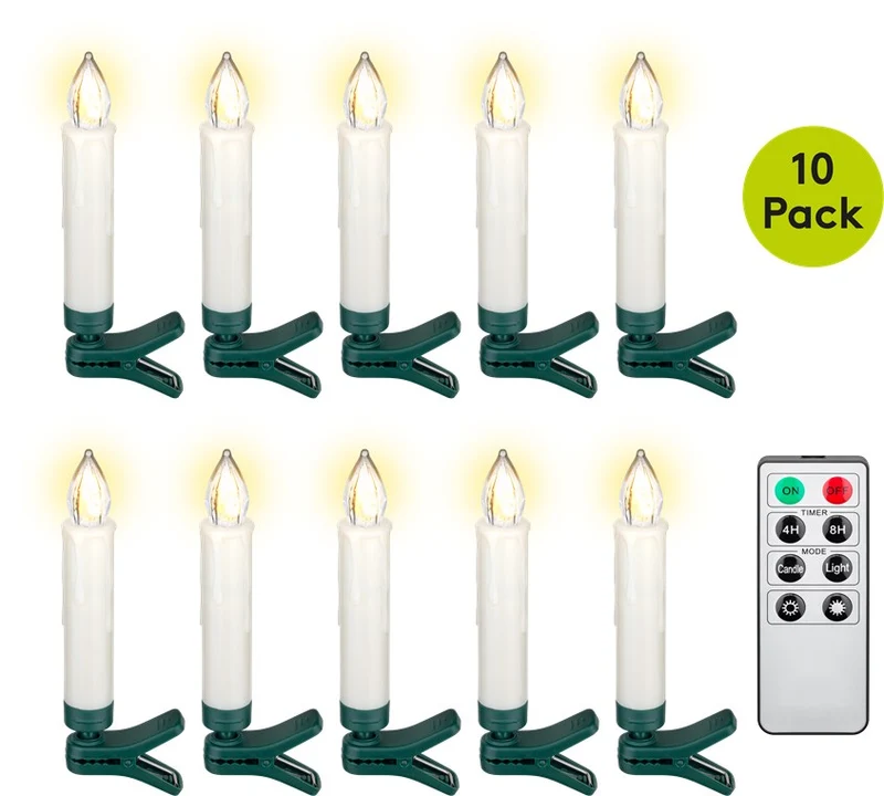 Goobay 10 kabellose LED-Weihnachtsbaumkerzen - mit Klemmen und IR-Fernbedienung für Timer, Leuchtmodi & Dimmer