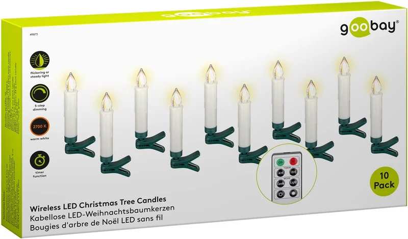 Goobay 10 kabellose LED-Weihnachtsbaumkerzen - mit Klemmen und IR-Fernbedienung für Timer, Leuchtmodi & Dimmer