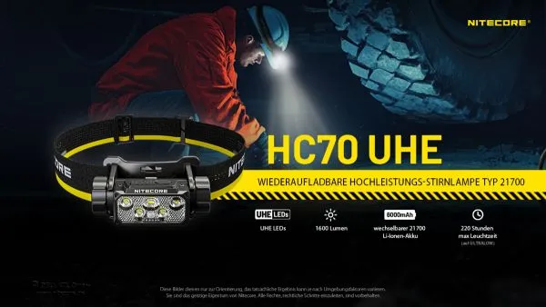 Nitecore HC70 UHE Stirnlampe 1600 Lumen breite Lichtaustrittsfläche inkl. 21700 Li-Ion Akku 6000mAh Typ NL2160
