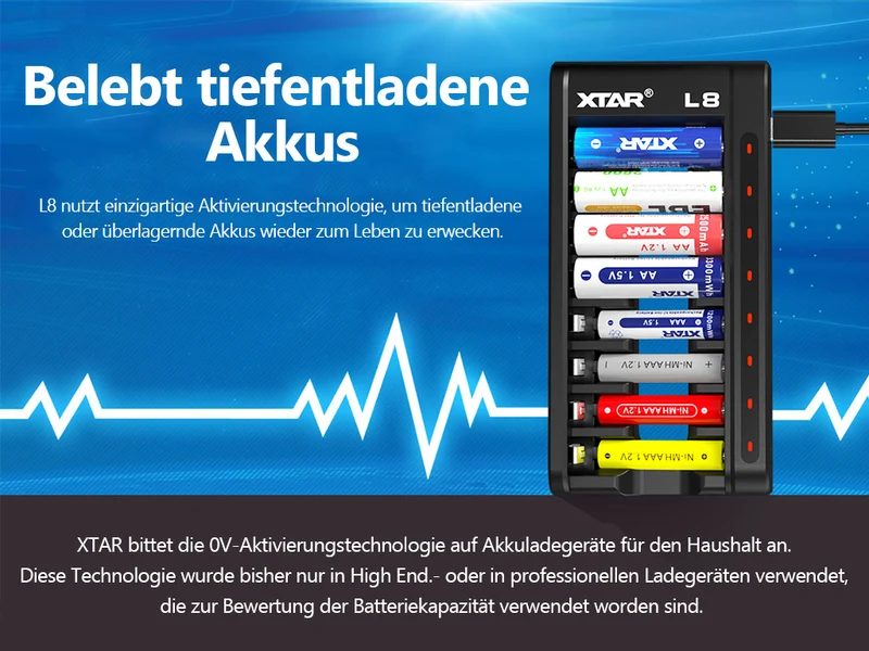 Xtar L8 – Ladegerät + 8x AA (Mignon) LR6 1,5V Li-Ion Akkus zzgl. USB QC3.0 Netzteil