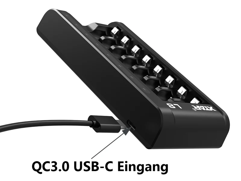 Xtar L8 – Ladegerät + 8x AA (Mignon) LR6 1,5V Li-Ion Akkus zzgl. USB QC3.0 Netzteil