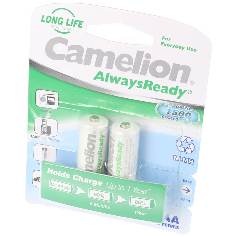 Camelion AA, Mignon LR6, HR6, NiMH Akku mit 1,2V 800mAh in 2er Blisterverpackung, Always Ready mit geringer Selbstentladung, Ready to Use Akku
