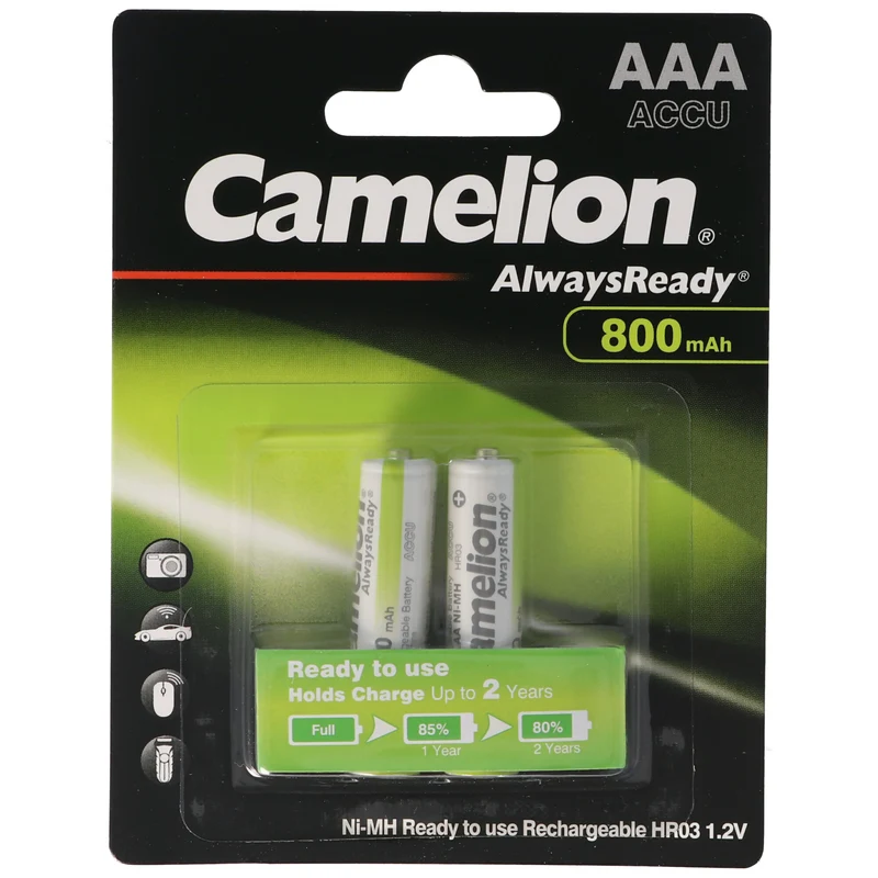 Camelion AAA, Micro LR3, HR03, NiMH Akku mit 800mAh in 2er Blisterverpackung, Always Ready mit geringer Selbstentladung, Ready to Use Akku