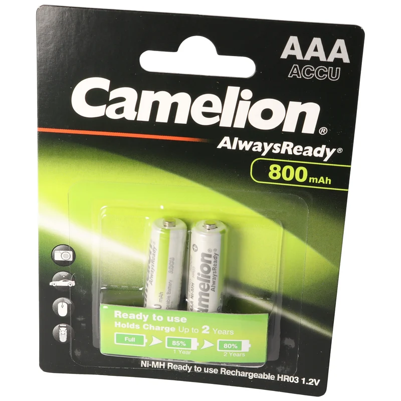 Camelion AAA, Micro LR3, HR03, NiMH Akku mit 800mAh in 2er Blisterverpackung, Always Ready mit geringer Selbstentladung, Ready to Use Akku