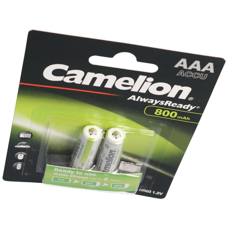 Camelion AAA, Micro LR3, HR03, NiMH Akku mit 800mAh in 2er Blisterverpackung, Always Ready mit geringer Selbstentladung, Ready to Use Akku