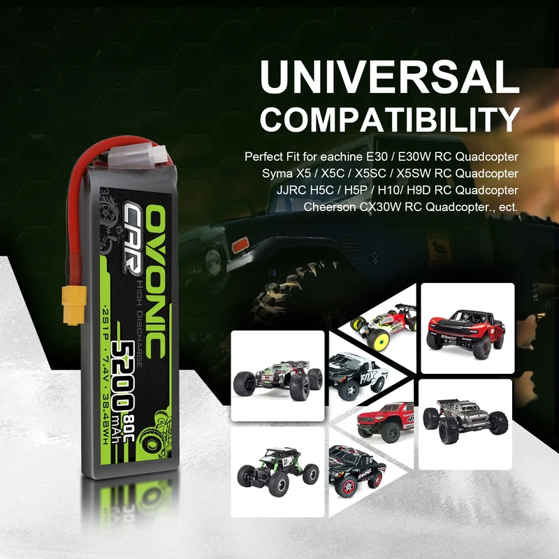 Ovonic Car 2S Lipo Akku 5200mAh 80C 7,4V RC Lipo Akku HardCase mit XT60 Stecker (2 Stück)