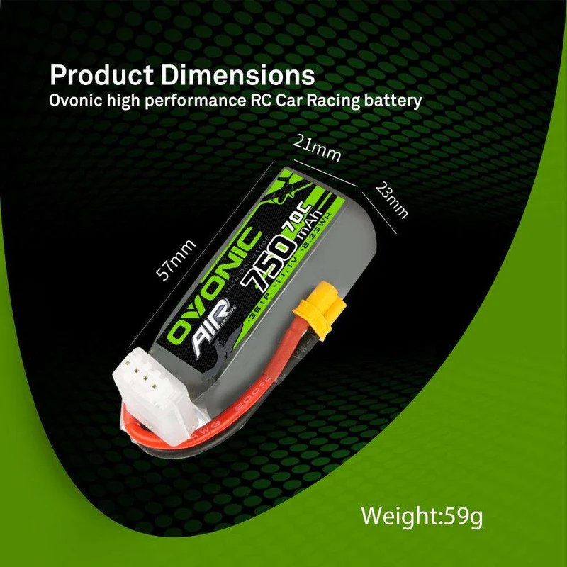 Ovonic Air 3S LiPo Akku 750mAh 11,1V 70C für RC-Helikopter LOGO 200 - XT30-Stecker (2 Stück)