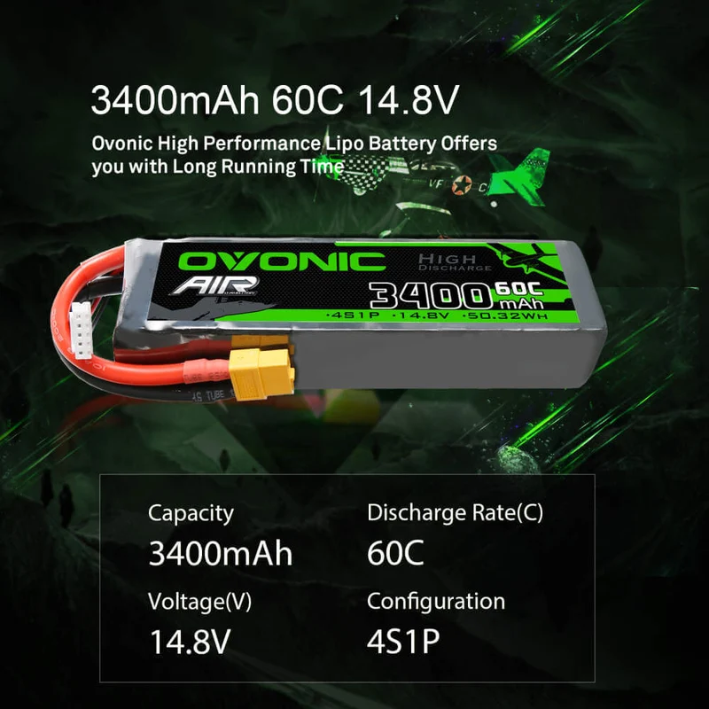 Ovonic Air 4S LiPo Akku 3400mAh 14,8V 60C für RC-Flugzeuge mit XT60 und Deans-Stecker