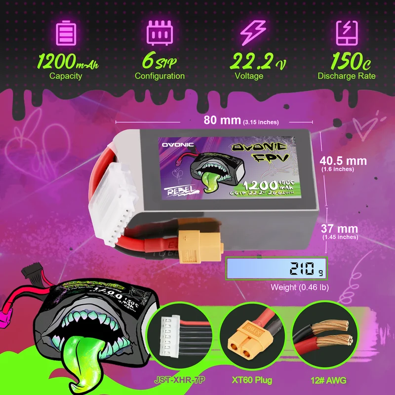 Ovonic Rebel 2.0 6S LiPo Akku 1400mAh 150C 6S 22,2V Pack mit XT60-Stecker (2 Stück)
