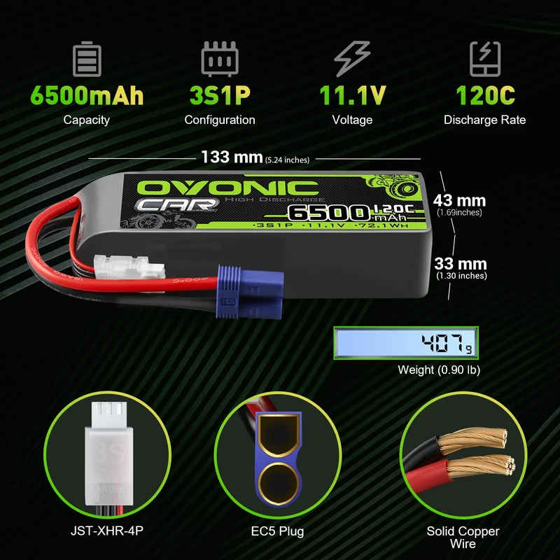 Ovonic Car 3S LiPo Akku 6500mAh 11,1V 120C Hardcase LiPo Akku mit EC5-Stecker (2 Stück)