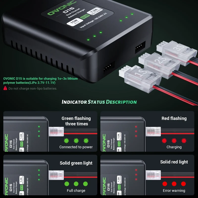 Ovonic D15 Dual Lipo Batterie Ladegerät 30W AC100-240V LiPo Balance Ladegerät