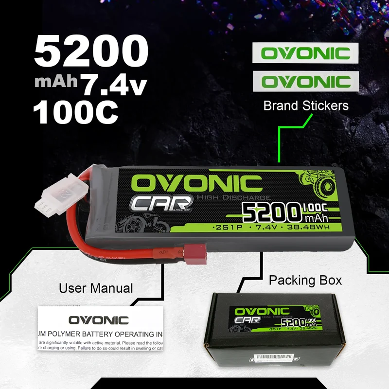 Ovonic Car 2S Lipo Akku 5200mAh 2S1P 100C 7,4V RC Lipo Akku HardCase mit Deans T Stecker (2 Stück)
