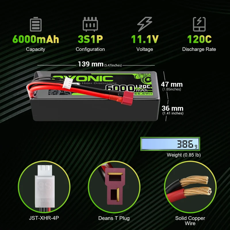 Ovonic Car 3S Lipo Akku 6000mAh 120C 11,1V RC Lipo Akku mit Deans T Stecker (2 Stück)