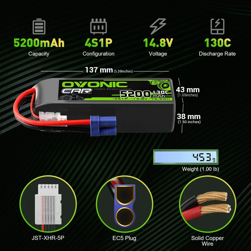 Ovoniv Car 4S 5200mAh Lipo Akku 130C 14,8V RC Lipo Akku mit EC5 Stecker (2 Stück)