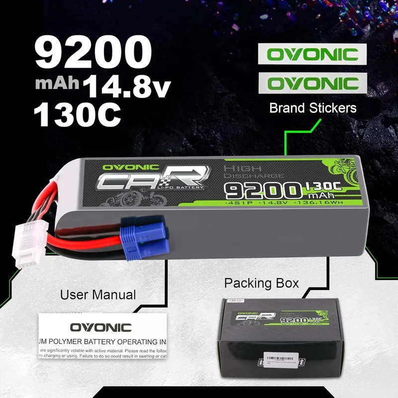Ovonic Car 4S 9200mAh Lipo Akku 130C 14,8V RC Lipo Akku mit EC5 Stecker (2 Stück)