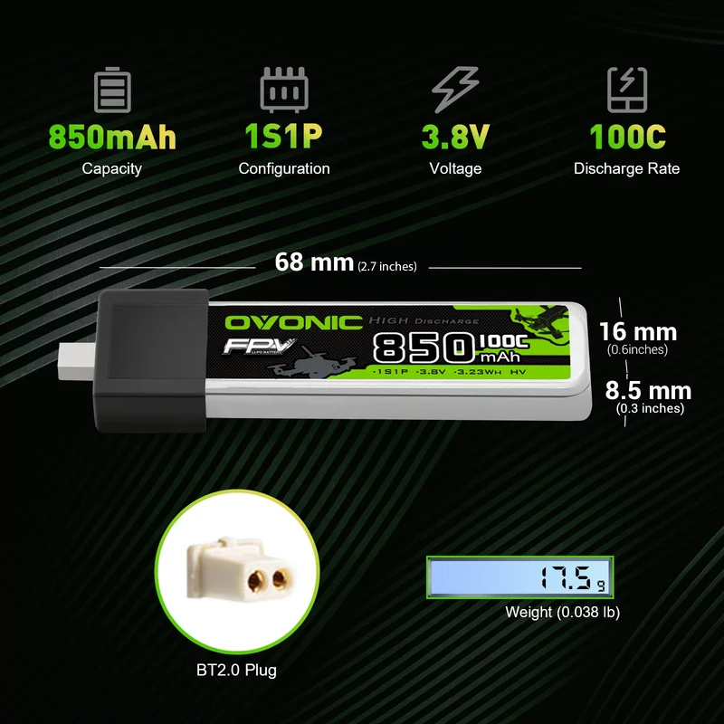 OVONIC FPV 1S 850mAh Lipo Akku 1S1P 100C 3,8V LiHV LiPo-Akku mit BT2.0-Stecker (4 Stück)
