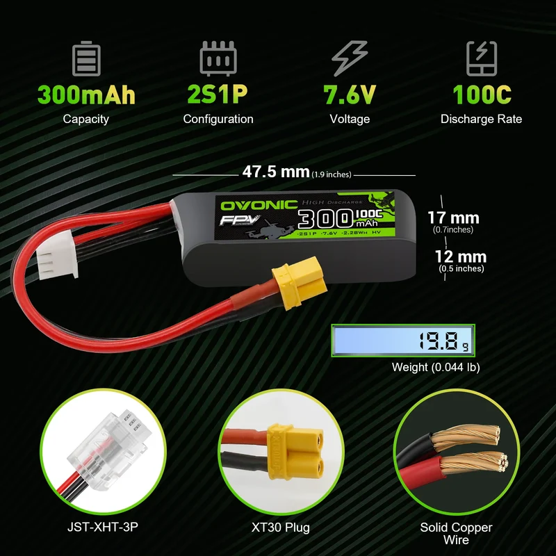 OVONIC FPV 2S 300mAh Lipo Akku 2S1P 100C 7,6V LiHV LiPo Akku mit XT30 Stecker (4 Stück)