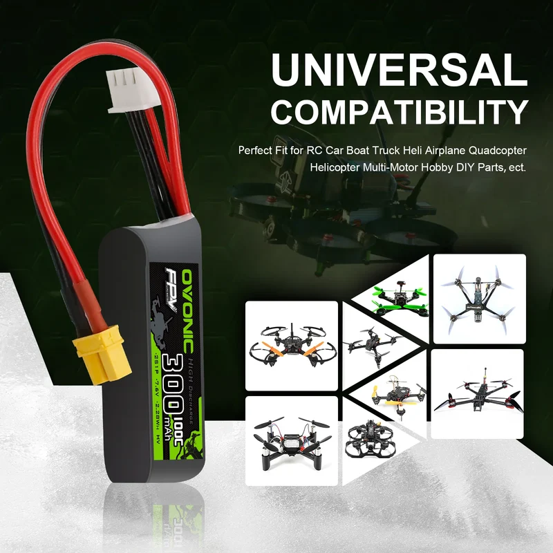 OVONIC FPV 2S 300mAh Lipo Akku 2S1P 100C 7,6V LiHV LiPo Akku mit XT30 Stecker (4 Stück)