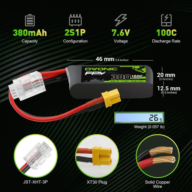 OVONIC FPV 2S 380mAh Lipo Akku 2S1P 100C 7,4V LiPo Akku mit XT30 Stecker (4 Stück)