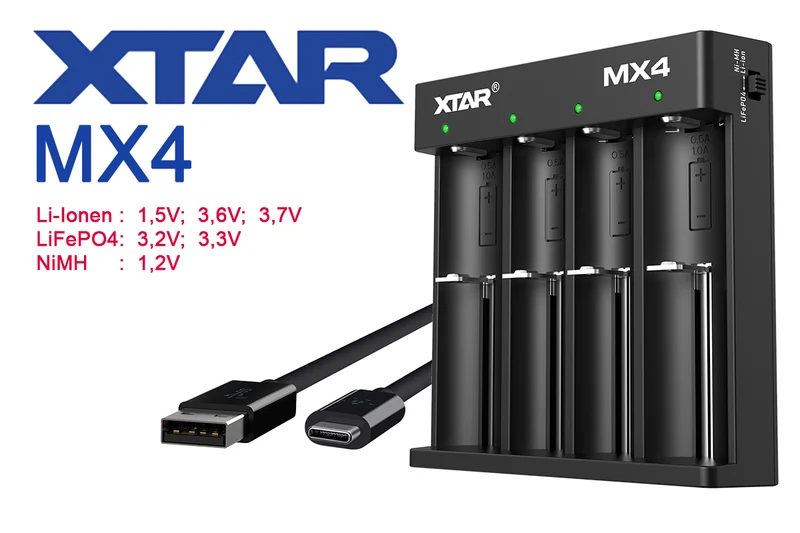 Xtar MX4 Universelles Ladegerät 1,5V 3,6V 3,7V Li-Ion 3,2V LiFePO4 1,2V Ni-MH Akkus
