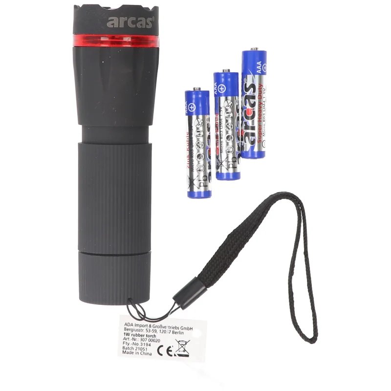 Arcas 1 Watt LED Zoom Taschenlampe mit Zoom max. 60 Lumen inklusive 3 AAA Micro Batterien
