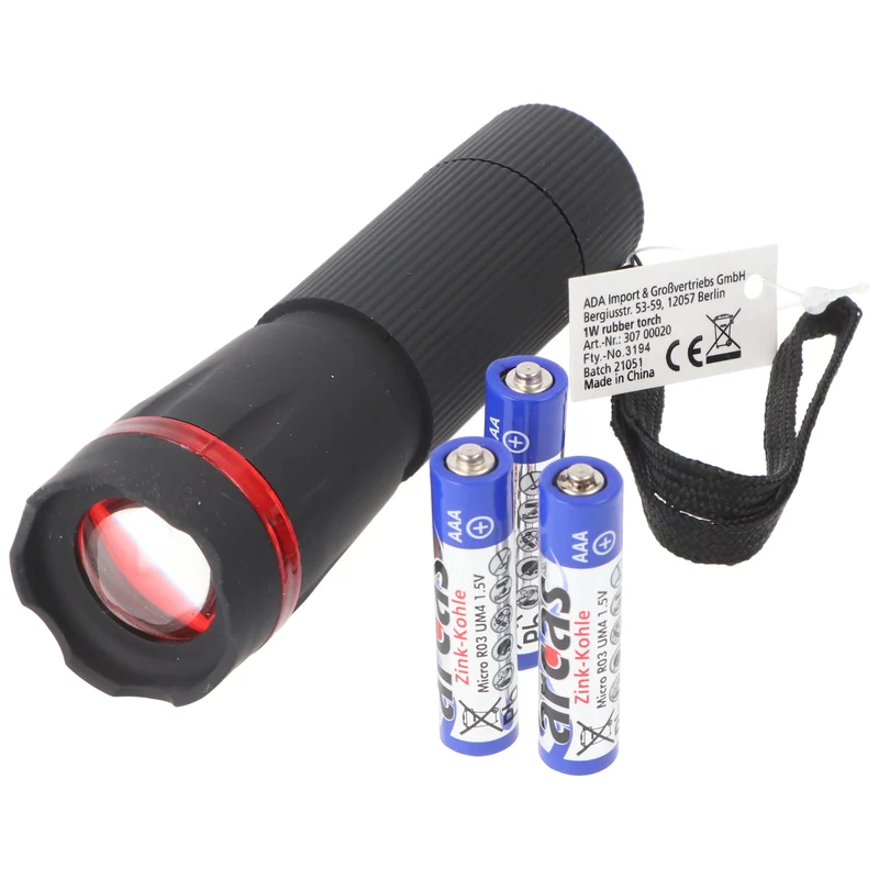 Arcas 1 Watt LED Zoom Taschenlampe mit Zoom max. 60 Lumen inklusive 3 AAA Micro Batterien