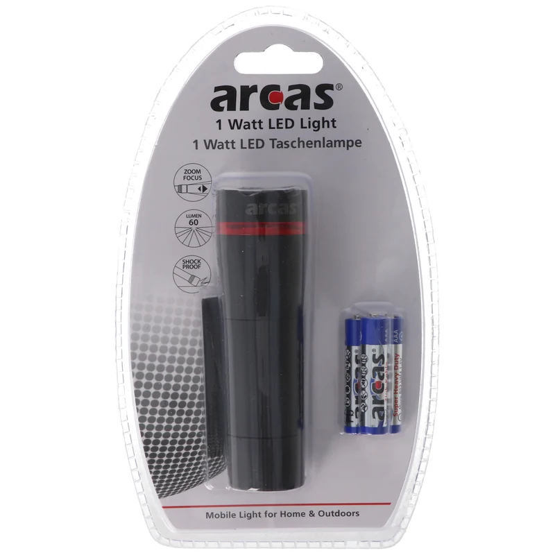 Arcas 1 Watt LED Zoom Taschenlampe mit Zoom max. 60 Lumen inklusive 3 AAA Micro Batterien