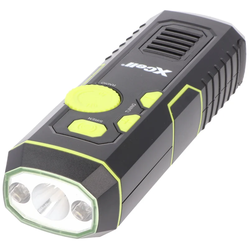 Xcell Dynamo Taschenlampe mit FM Radio, Alarm und Powerbank-Funktion, Anti-Blackout, aufladbare Notfall-Leuchte, 4in1 LED-Taschenlampe