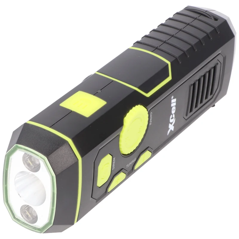 Xcell Dynamo Taschenlampe mit FM Radio, Alarm und Powerbank-Funktion, Anti-Blackout, aufladbare Notfall-Leuchte, 4in1 LED-Taschenlampe