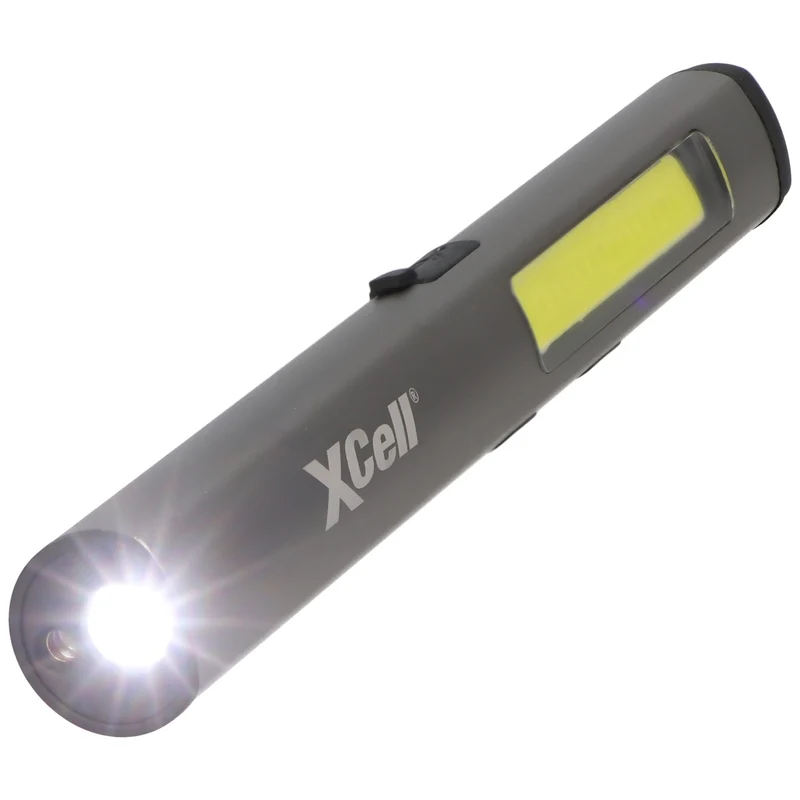Xcell LED Taschenlampe mit zusätzlichem UV- und Laserlicht sowie seitlicher LED-Lichtleiste, magnetischer Clip, integrierter Akku sowie USB-C Ladefunktion