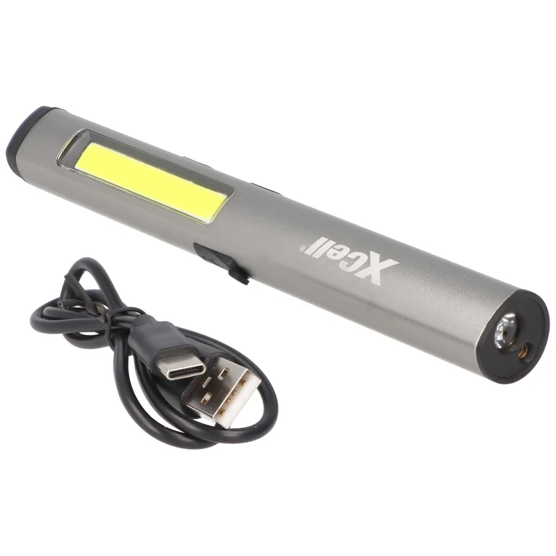 Xcell LED Taschenlampe mit zusätzlichem UV- und Laserlicht sowie seitlicher LED-Lichtleiste, magnetischer Clip, integrierter Akku sowie USB-C Ladefunktion