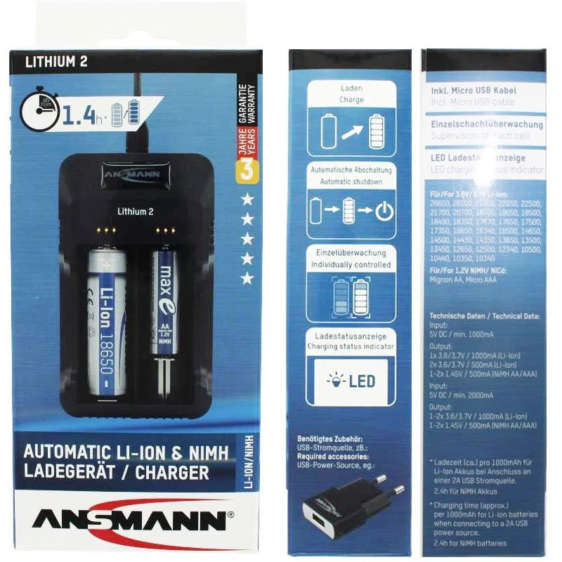 ANSMANN Lithium 2 Ladegerät für 1-2 Li-Ion Akku 3,6V, 3,7V mit LED-Ladestatusanzeigen, schwarz