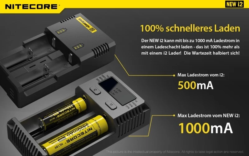 Nitecore Ladegerät Intellicharge NEW i2 mit 2 Ladeschächten NC-i2
