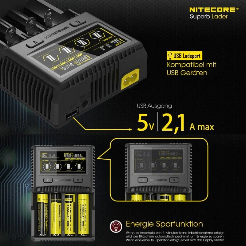 Nitecore SC4 Schnell-Ladegerät passend für fast alle Li-Ion, NiMH und LiFEPO4 Akku