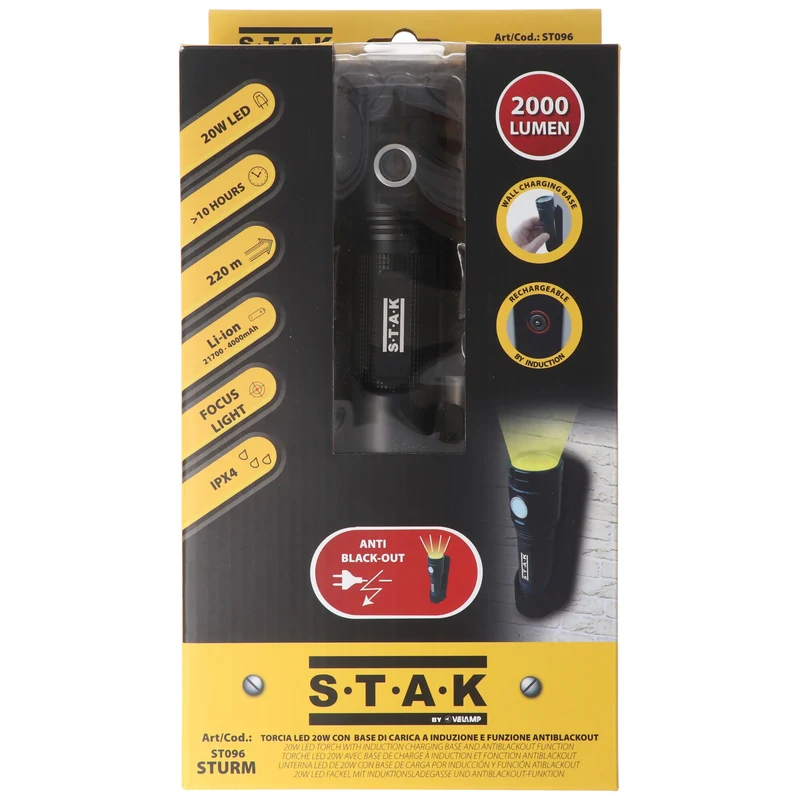 Velamp STURM: Wiederaufladbare LED-Taschenlampe 2000 Lumen, Anti-Blackout mit Wandhalterung