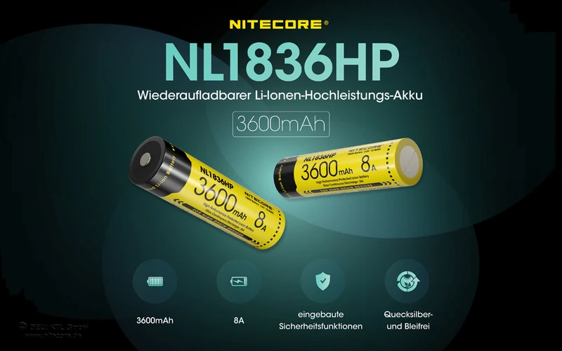 NiteCore Li-Ion-Akku 18650 - 3600mAh, 3,7V - NL1836HP -High Drain 8A - PCB geschützt