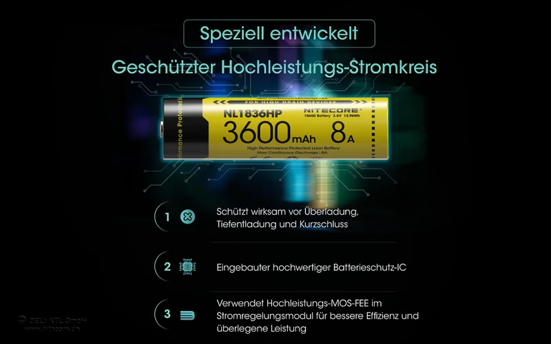 NiteCore Li-Ion-Akku 18650 - 3600mAh, 3,7V - NL1836HP -High Drain 8A - PCB geschützt