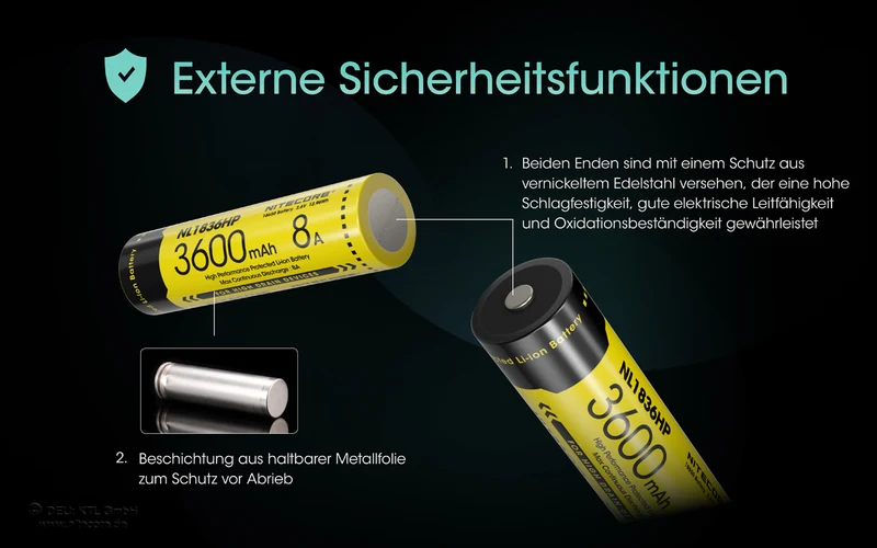 NiteCore Li-Ion-Akku 18650 - 3600mAh, 3,7V - NL1836HP -High Drain 8A - PCB geschützt